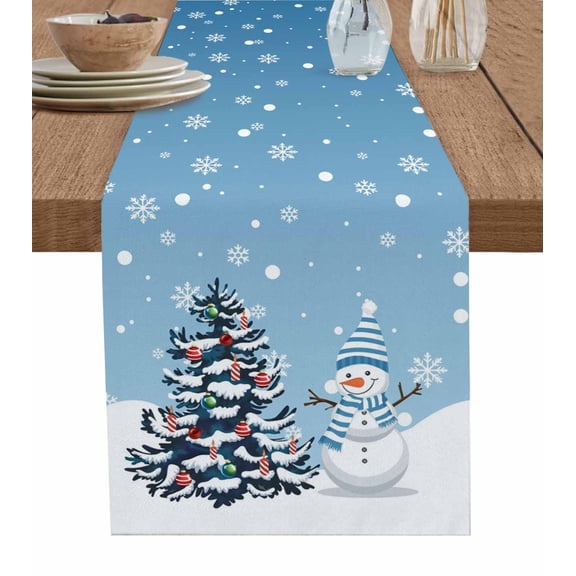 Sky Blue Christmas Table Runner 90 Inches, Snowman Pine Tree Ball Snowflakes Bed Runner Dresser Scarves Tabletop for Indoor Outdoor Parties/Ceremony/Banquet, 13" x 90"
