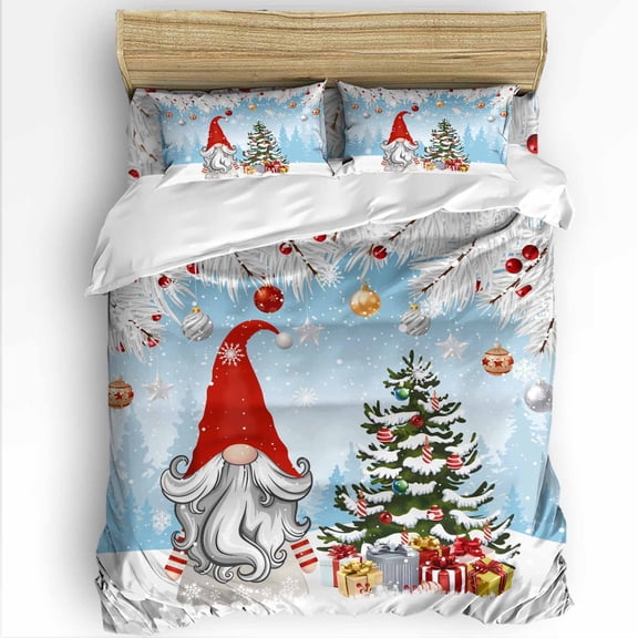 Sky Blue Christmas Twin Size Comforter Set, Dwarf Present Xmas Ball Snowflake Winter Soft Bedding for All Seasons, 4 Pcs Bed Set with 1 Comforter (68"x86") ,1Sheet(66"x116"), 2 Pillowcases (19"x29")