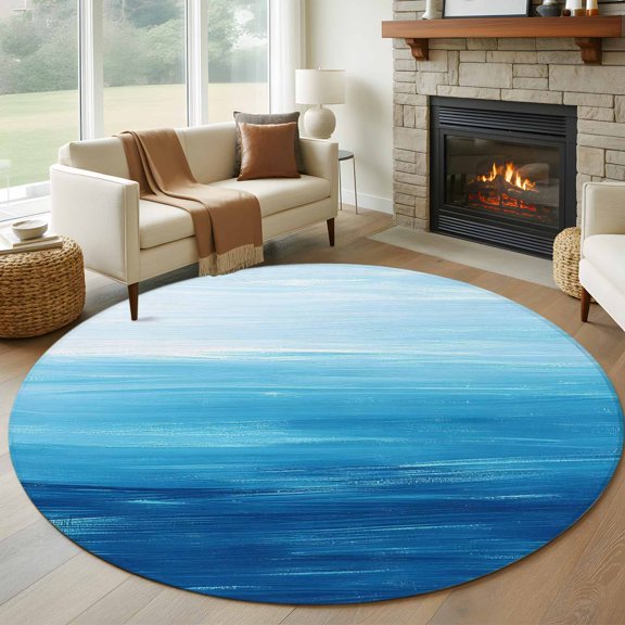 Sky Blue Coastal 8' Round Area Rug, Nautical Modern Ocean Wave Washable Non-Slip Large Circle Rugs for Living Room Bedroom, Soft Low Pile Rug Carpet for Dining Room Kitchen Farmhouse