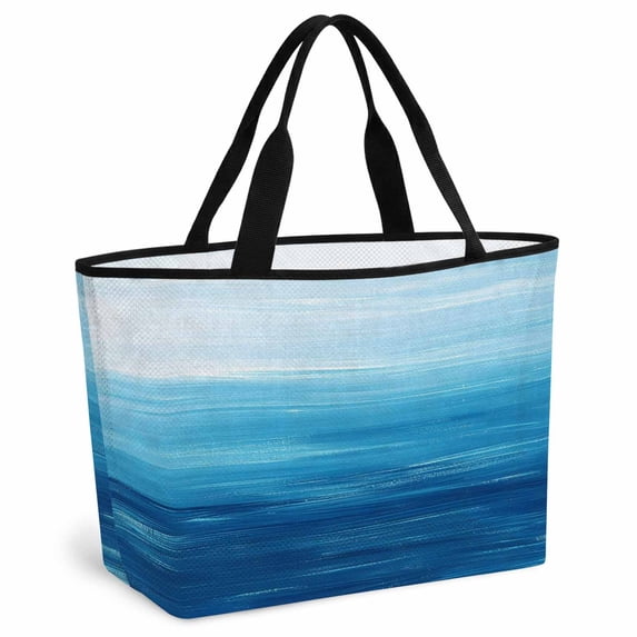 Sky Blue Coastal Beach Bag for Women, Large Breathable Mesh Beach Tote Bag, Nautical Modern Ocean Wave Sandproof Lightweight Travel Bags for Vacation Picnic Swimming Pool 15.7"x15.7"x9.1"