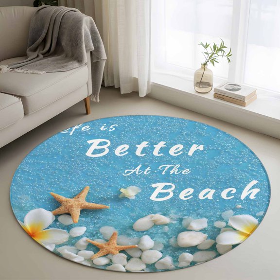 Sky Blue Coastal Beach Round Area Rug 4Ft Washable Circle Rugs for Bedroom Dining Room, Summer Ocean Chic Starfish Flowers Non-Slip Carpet Floor Mats Indoor Outdoor Carpet Runner Aesthetic Home Decor