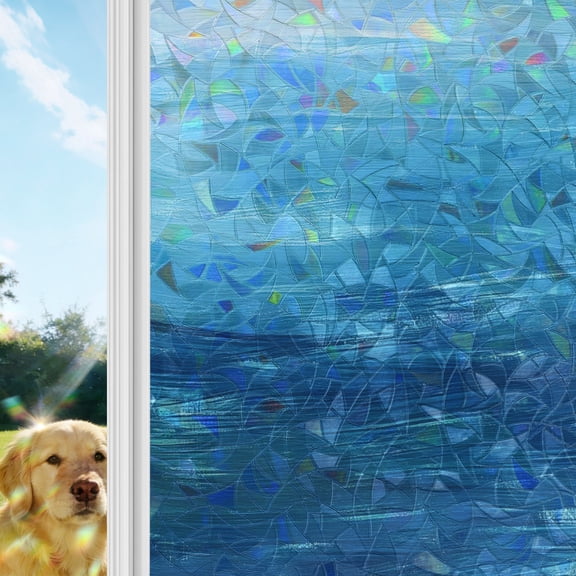 Sky Blue Coastal Window Privacy Film Stain Glass,Reusable Decorative Rainbow Window Film,Nautical Modern Ocean Wave Non-Adhesive Static Cling Sun Blocking Stickers Decals Covers 17.7" x 39.3" (2pcs)