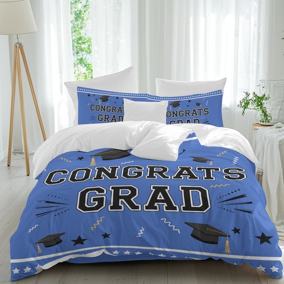 Sky Blue Congrats Day Comforter Set Twin Size, Graduation Academic Stars Hapyy Soft Bedding Set for Man Woman, 4 Pieces Duvet Cover Set with Fitted Sheet, 2 Pillowcases