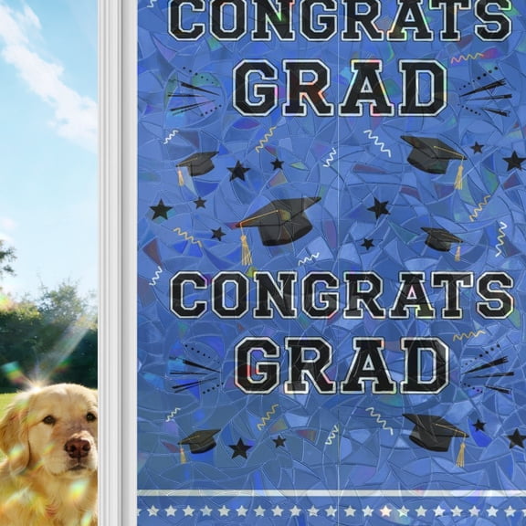 Sky Blue Congrats Day Rainbow Window Privacy Film, Graduation Academic Stars Hapyy Stained Glass Window Film, Sun Blocking Glass Clings Static Cling Non Adhesive Door Stickers 17.7 x 39.3 Inches