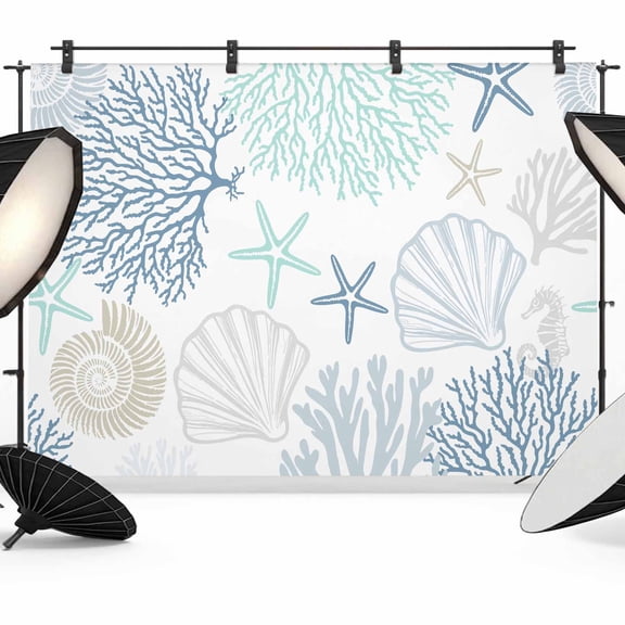 Sky Blue Coral Backdrop for Photography, Starfish Seashell Ocean Summer Beach Photo Backdrop Portrait Background Party Banner Photo Backgrounds for Studio Booth Props, 7x5ft