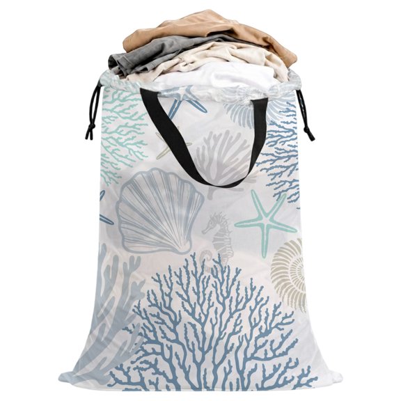 Sky Blue Coral Extra Large Laundry Bag 25"x38" Starfish Seashell Ocean Summer Beach Laundry Storage Bags with Handles & Drawstring Closure, Dirty Clothes Hamper Organizer for College Dorm Travel