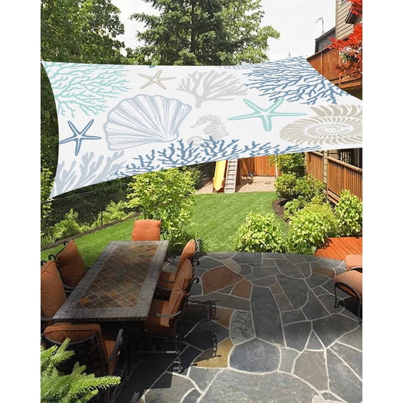Sky Blue Coral Waterproof Sun Shade Sail Starfish Seashell Ocean Summer Beach Outdoor Patio Sun Shades Canopy UV Block Waterproof Sunshade for Garden Backyard Deck Pergola 6.5x10 Ft