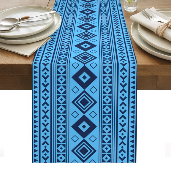 Sky Blue Cotton Linen Table Runner Moroccan Geometric Striped Modern Farm Azure Folk Dining Table Runners for Home Decor Party Dining Room Restaurant Kitchen Party 13" x 36"