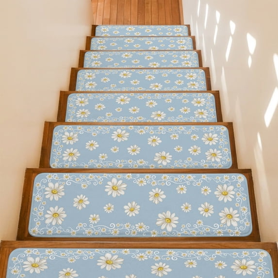 Sky Blue Daisy Flower Stair Treads Non Slip for Steps Farmhouse Floral Summer Country 4 Pcs Reusable Adhesive Stair Runner Mats for Dogs Elders Carpet Treads Rugs for Staircase 8x30 In