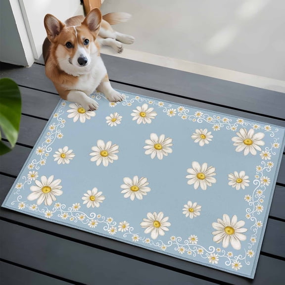 Sky Blue Daisy Flower Washable Entry Rug 2x3 Farmhouse Floral Summer Country Low Pile Indoor Door Mat with Rubber Backing Thin Area Rug for for Entrance, Bedroom, Kitchen, Laundry, Bathroom