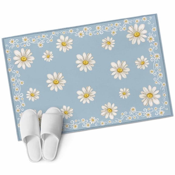 Sky Blue Daisy Flower Washable Small Entryway Area Rugs 2'x3', Farmhouse Floral Summer Country Low Pile Throw Rug Non-Slip Sturdy Edge Binding Carpet for Front Door Floor Room Entry
