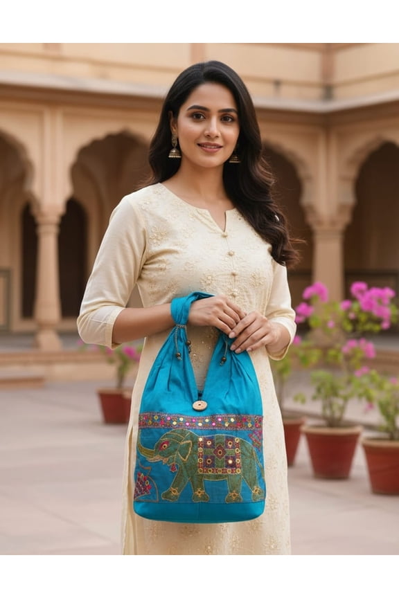 Women's Cotton Embroidered Elephant Tote Bag, Blue