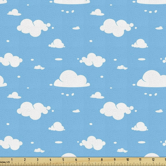 Ambesonne Sky Blue Fabric by the Yard Upholstery, Fluffy Clouds Day Time, 1 Yard, Deep Sky Blue and White