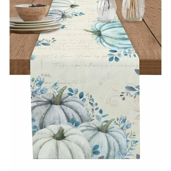 Sky Blue Fall Burlap-Cotton Table Runner 120 Inches Long,Thanksgiving Eucalyptus White Pumpkins Retro Newspaper Table Runners,Outdoor Dining Tablecloths for Baby Shower Party Wedding 13x120
