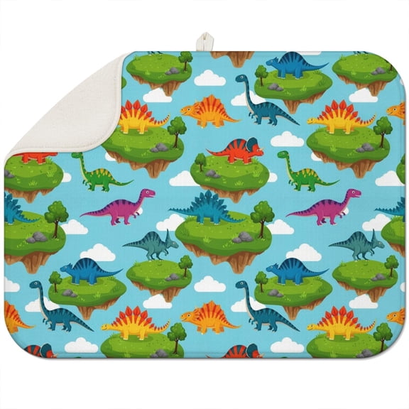 Sky Blue Floating Island Dinosaurs Pattern Dish Drying Mat for Kitchen 1 Pack, Ultra Absorbent Microfiber Dishes Drainer Mats,18"x24"