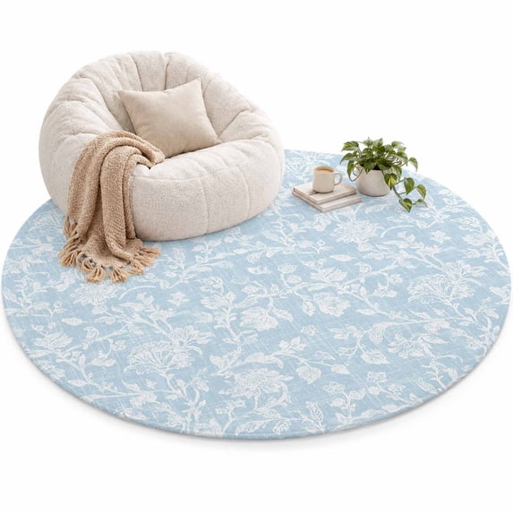 Sky Blue Floral Area Rug 6', Pastoral White Petal Leaf Botanical Linen ...