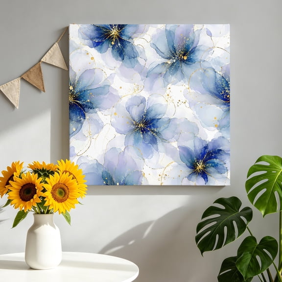 Sky Blue Floral Canvas Wall Art, Rustic Watercolor Blooming Peony Petals Gold Line Pictures Wall Decor Wooden Framed Artwork Art Prints for Living Room Hallway Bedroom Office 8"x8"
