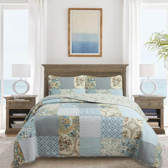 Sky Blue Floral Patens Ogee Patchwork Cotton King 3 Piece Quilt Bedding Set