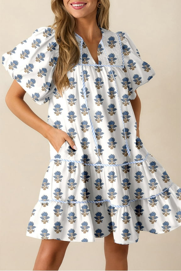 Sky Blue Floral Puff Sleeve Tied Neck Pocketed Shirred Shift Elegant Mini Dress