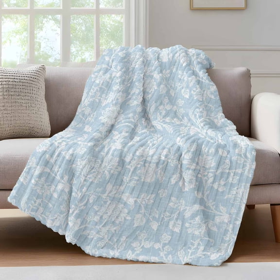 Sky Blue Floral Throw Blanket for Couch Pastoral White Petal Leaf Botanical Linen Soft and Warm Flannel 3D Striped Fluffy Fuzzy Fleece Blanket Lightweight Throw for Bed, Sofa 40 x 60 Inches