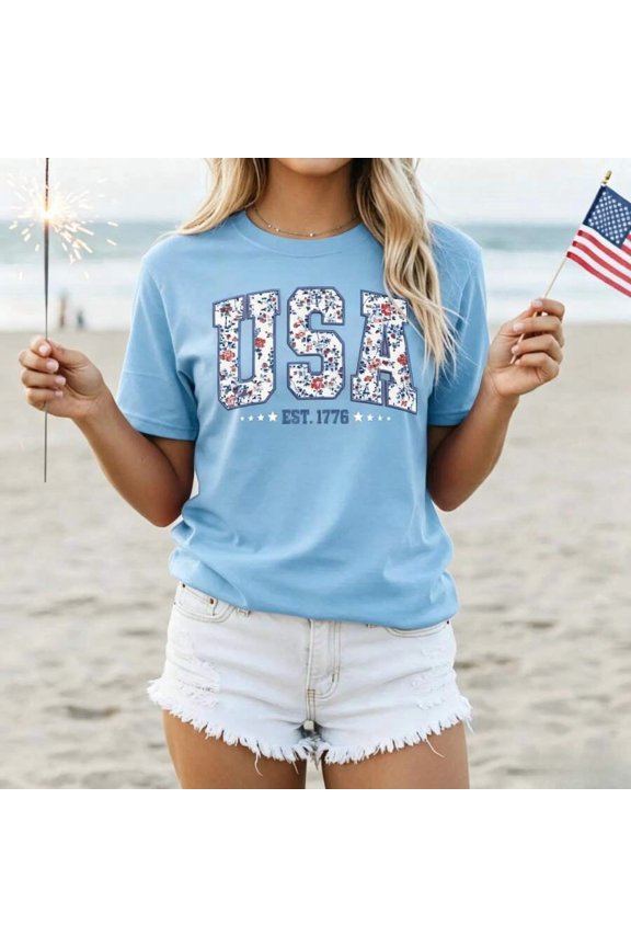 Sky Blue Floral USA Graphic Print Tee, Patriotic 4th Of July Short Sleeve Casual Summer T-Shirt