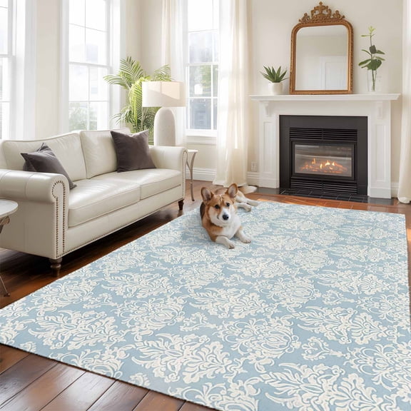 Sky Blue Flower Area Rugs 5x7 ft Ethnic Middle East Vintage Retro Washable Rug Non Slip Indoor Carpet Absorbent Floor Mat for Living Room Bedroom Dining Room