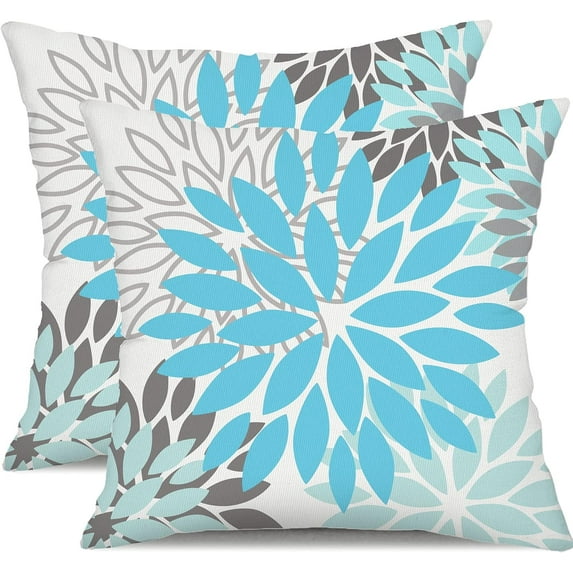 Sky Blue Flower Pillow Covers 18x18 Inch Set of 2 White Gray Colored Throw Pillows Outdoor Waterproof Decor for Living Room Sofa Patio Funiture Garden Floral Polyester Pillow Covers 002M