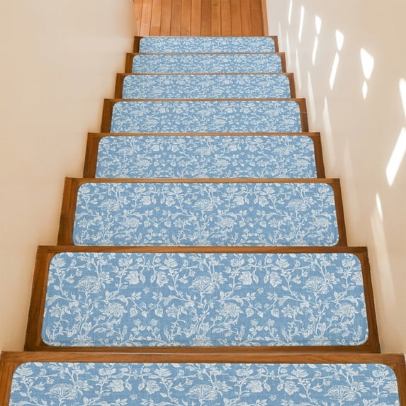 Sky Blue Flower Stair Treads Non Slip for Steps Pastoral White Plant Petal Leaf Rustic Linen 7 Pcs Reusable Adhesive Stair Runner Mats for Dogs Elders Carpet Treads Rugs for Staircase 8x30 In