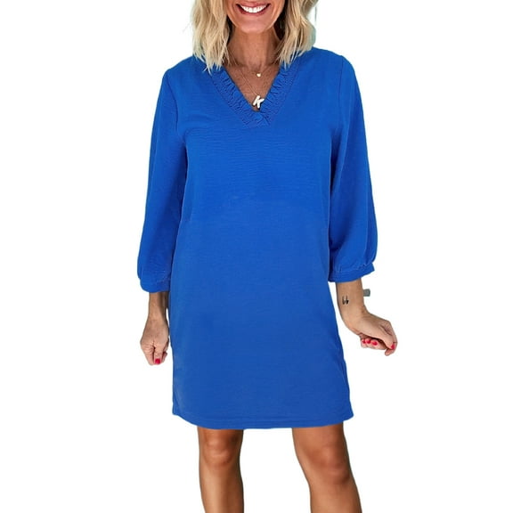 Sky Blue Frilled V Neck Mini Dress for Women – Casual Shift Dress with Bracelet Sleeves | L