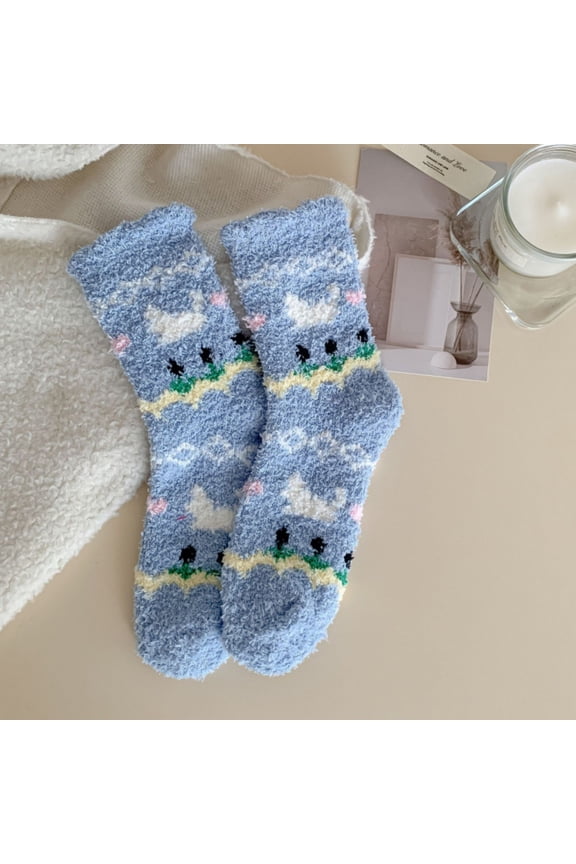 Sky Blue Fuzzy Socks for Women, 2-Pack Ultra Soft Fluffy Socks with Ruffled Cuff, Non-Slip Cozy Lounge and Sleep Socks,Size