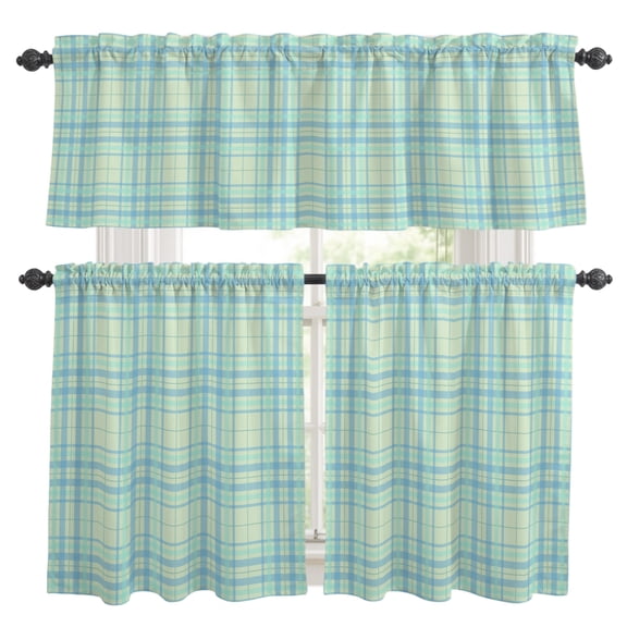 Sky Blue Gingham Kitchen Curtains and Valances Set, Country Farmhouse Classic Stripe Plaid Checkered Rod Pocket Window Valance Window Curtain Panels for Living Room Bedroom, 27.5x24in, 3 Pieces