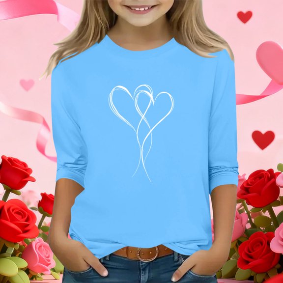 Sky Blue Girls 3/4 Sleeve Top, Heart Graphic Round Neck Cold Shoulder, Soft Stretch Machine Washable Casual Everyday Wear for 4-12 Years Old,Size 3-4T