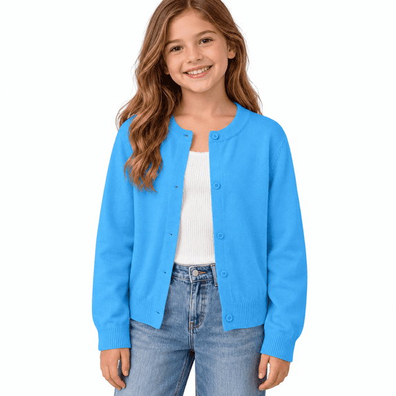 Sky Blue Girls Button Front Cardigan Sweater Size 2-3 Years, Long Sleeve Crew Neck Knit Jacket for School Uniform, Casual Layering Fall Spring Everyday Wear
