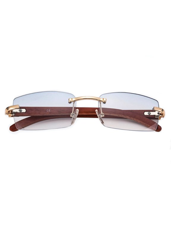 Sky Blue Gradient Tint Rimless Men Women Gold Frame Rectangle Vintage Woodgrain Square Shades 90s Retro Unisex Hip Hop Frameless Stylish Designer Wood Arm Sunglasses