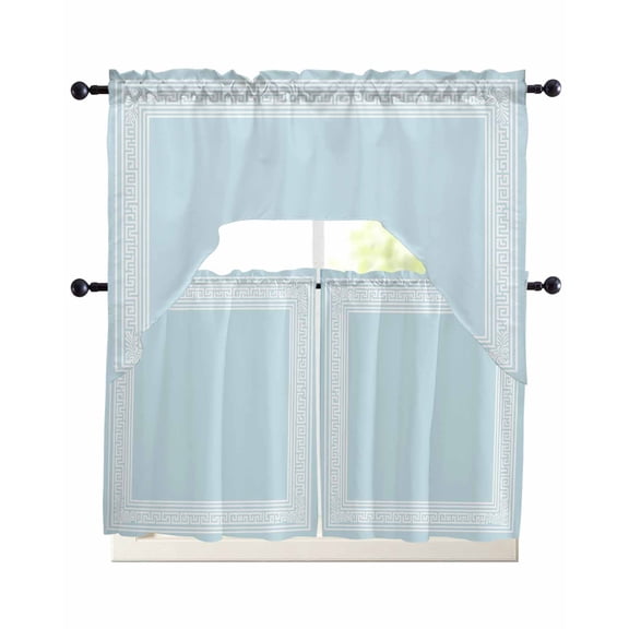 Sky Blue Greek Key Kitchen Curtains Sets for Windows 3 Piece, Geometric Greece Ancient Farmhouse Geo Kitchen Curtains and Valances Tier Set 24 Inch Length Swag Curtain for Living Room Cafe Bathroom