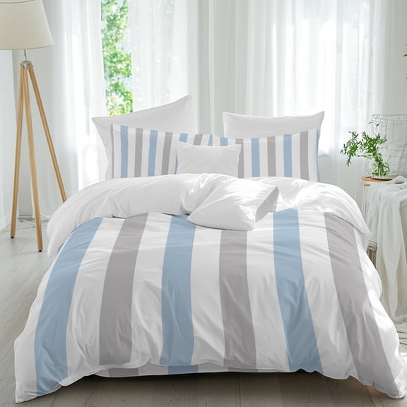 Sky Blue Grey Stripe Duvet Cover Set Queen Size, Classic Modern 4 Piece Soft Microfiber Bedding Set with 1 Duvet Cover, 1 Flat Sheet, 2 Pillowcases