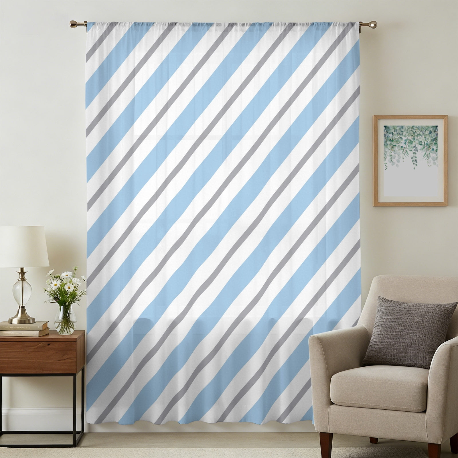 17 Sign Striped Sky Blue Grey Striped Sheer Curtains 54 Inches Long, Farmhouse Diagonal ...