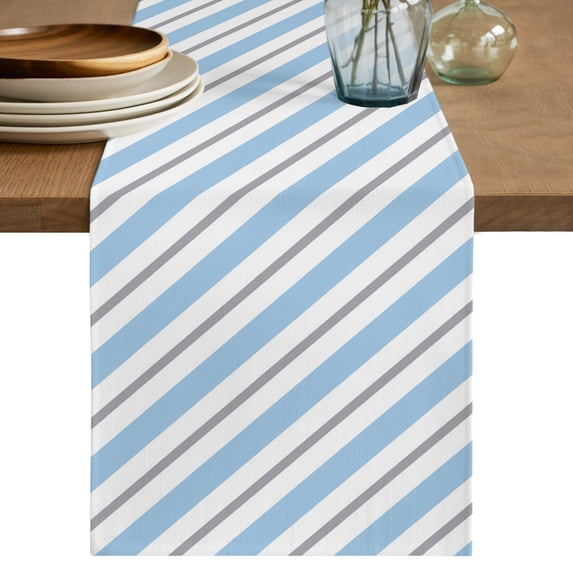 Sky Blue Grey Striped Table Runner, Farmhouse Diagonal Stripes Washable ...