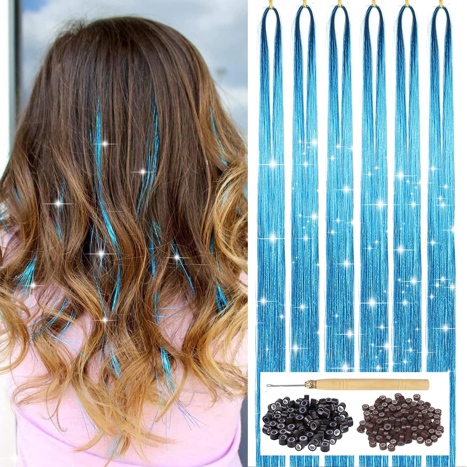 Sky Blue Hair Tinsel Kit with Tool 6pcs 1200 Strands Hair Tinsel Heat