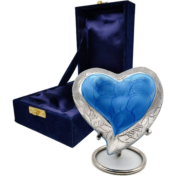 Sky Blue Heart Keepsake Urn - Mini Ash Urn Small Handcrafted Cremation Urn for Ashes - Tribute to Your Loved One - Perfect for Adults & Infants with Free Premium Velvet Box & Display Stand