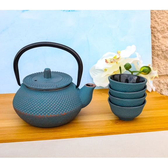 Sky Blue Hobnails Textured Petite Cast Iron Teapot 10oz With 4 Mini Tea Cups Set