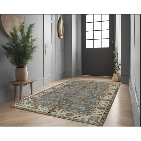 Sky Blue Ivory Premium Handwoven Pure Wool Chobrang Rug, 5ft 2in x 6ft 7in