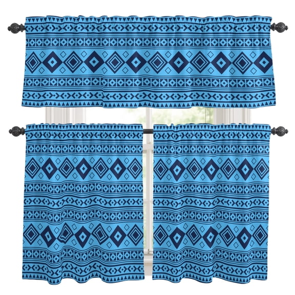 Sky Blue Kitchen Curtains Set for Windows, Moroccan Geometric Striped Modern Farm Azure Folk Curtains Valance and Tier 3 Piece Set Small Drapes 36 Inch Length for Kitchen Bedroom Decor
