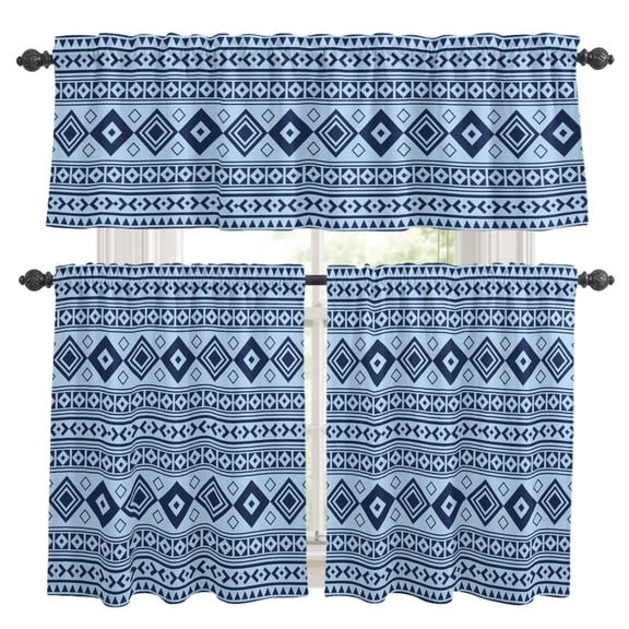 Sky Blue Kitchen Curtains Valances 3 Piece Set, Moroccan Geometric Striped Folk Lozenge Farm Azure Rod Pocket Tier Curtain and Valance Drapes for Small Window 24 Inch Length for Bedroom Cafe