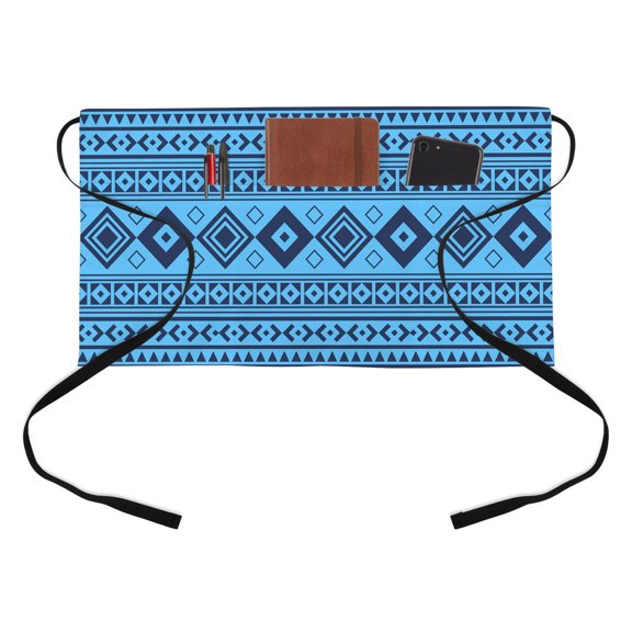 Sky Blue Kitchen Restaurant Half Waist Apron, Moroccan Geometric Striped Modern Farm Azure Folk Server Short Apron with 3 Pockets Waterproof Oil Waist Aprons for Women Waitress Waiter