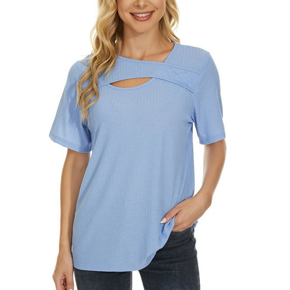 Sky Blue L WIZUTIZ Womens Tops up to 65% Off Casual Fluffy Cotton Linen Tee Crew Neck Athletic Solid Tshirts Vintage Ladies Shirts Retro Oversize Tops Blouse Flowy Cotton Blend Short Sleeve