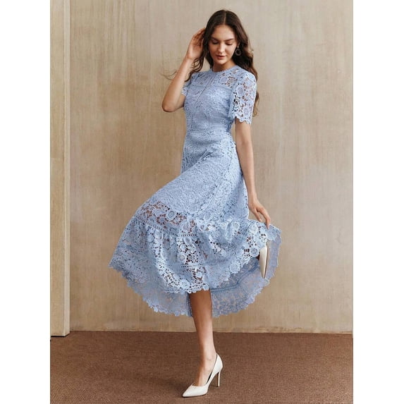 Sky Blue Lace Midi Dress With Short Sleeve And High-Low Ruffled Hem