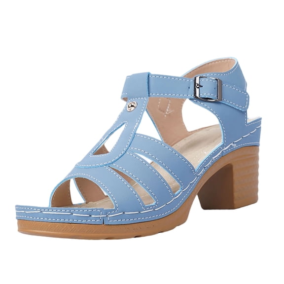 Sky Blue Ladies Chunky Heel Sandals Solid Stitching Casual Summer Comfort Slides For Female 2026 Slip On Platform Footwear