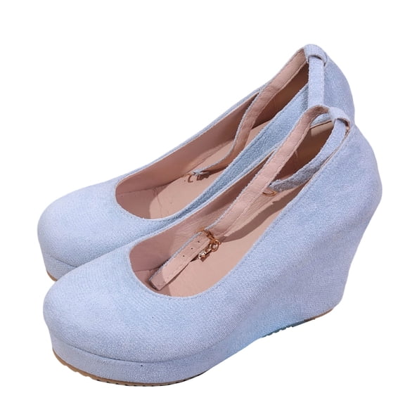 Sky Blue Ladies Plus Size Slope Heel Shoes Round Toe High Heel One Button For Casual Use