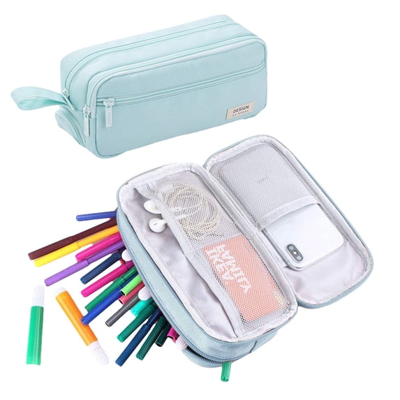 Sky Blue Large Capacity Pencil Case Canvas Pen Organizer Expandable Pencil Pouch Multi Purpose Storage Bag For Office